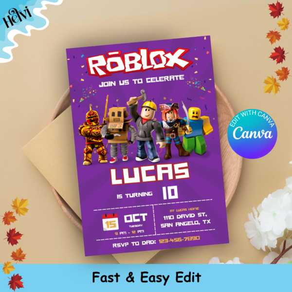 Customizable Roblox Digital Invitation, Happy Birthday Banner, Party Invite, Digital Download, Roblox Invitation