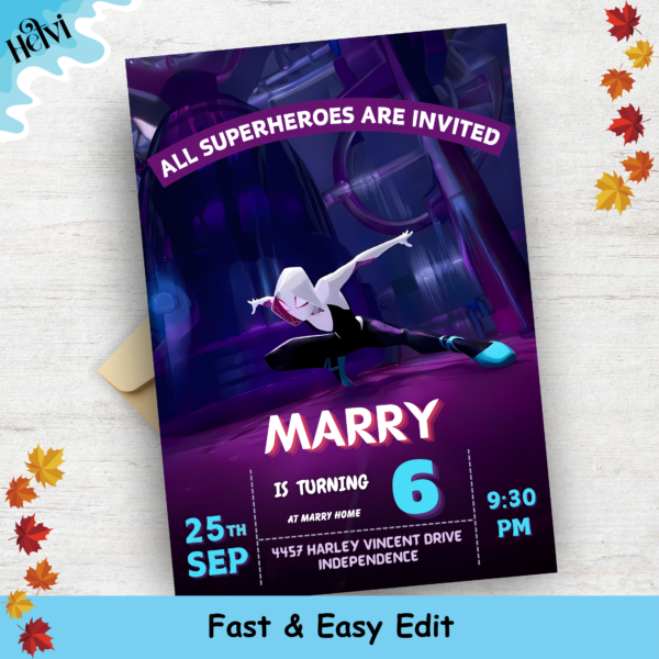 Editable Spiderman Birthday Invitation for Girls - Printable Spider-Verse Party Invite - Ghost Spidey Card - Gwen Birthday Invitation