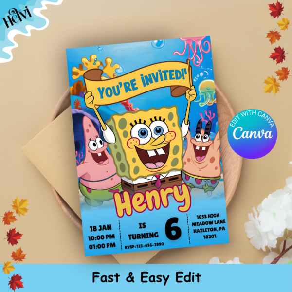 Customizable SpongeBob happy birthday invitation